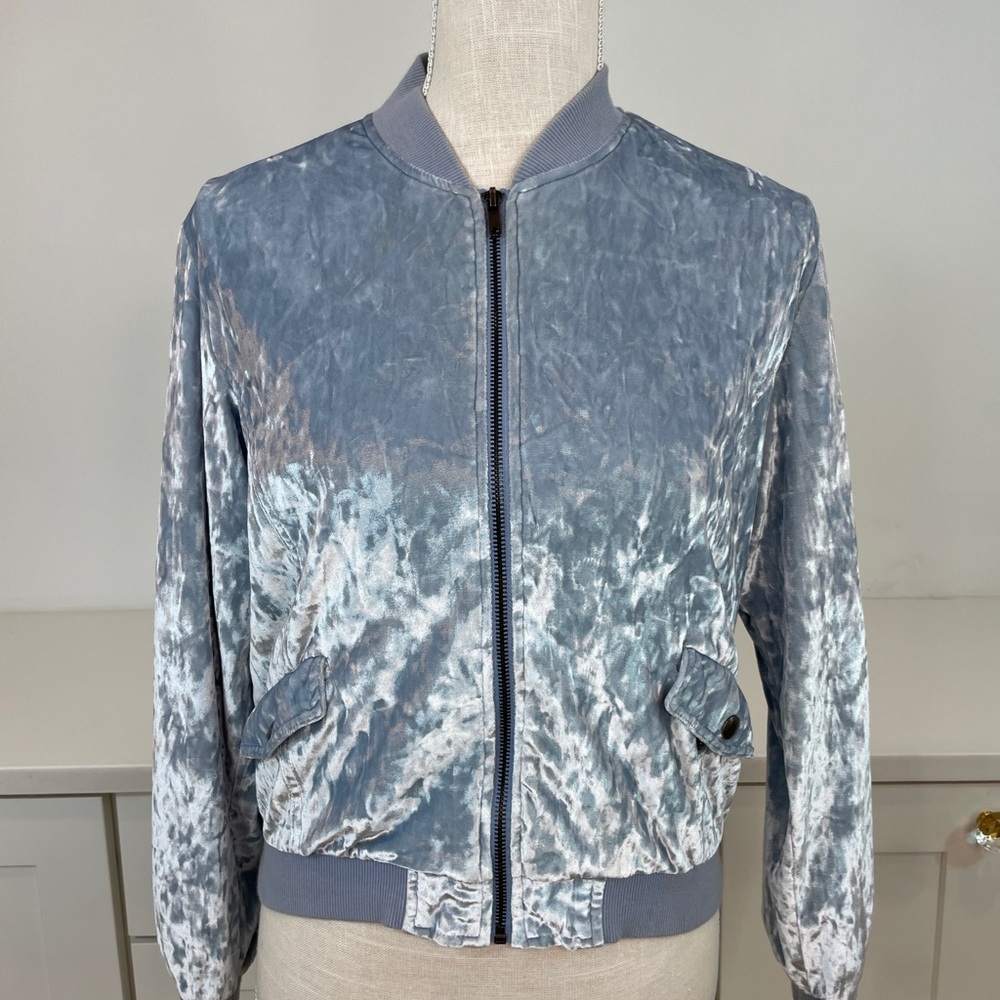 Cloud Chaser Crushed Velvet Bomber Jacket in Gray and White